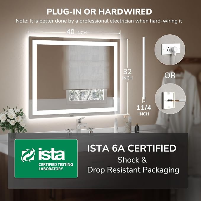 USHOWER LED Bathroom Mirror 40x32 Inch Tempered Glass