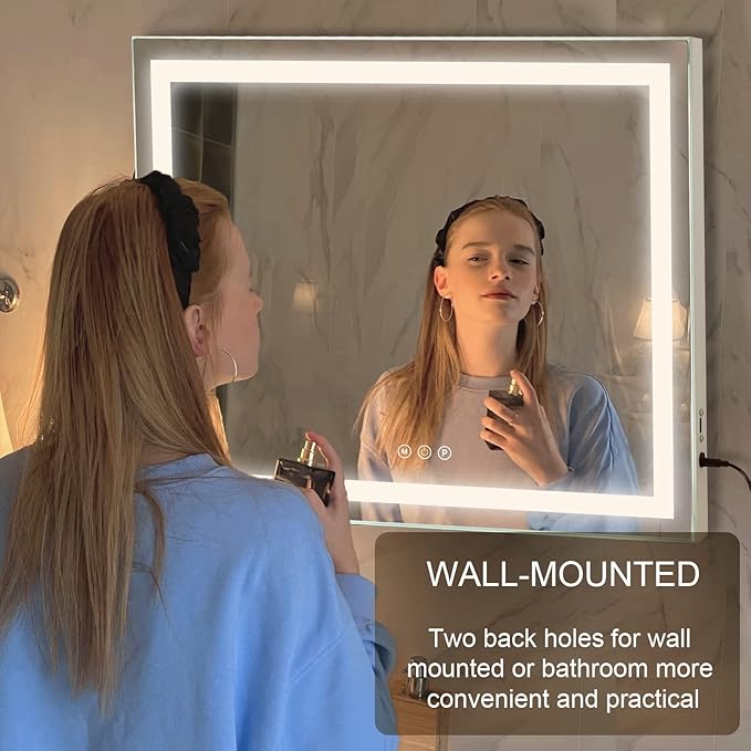 Sucedey Vanity Mirror with Lights, 23" x 18" Makeup Mirror, Hollywood Mirror with 3 Color Modes & Adjustable Brightness, Detachable 10x Zoom Mirror and USB Charging Design (White)