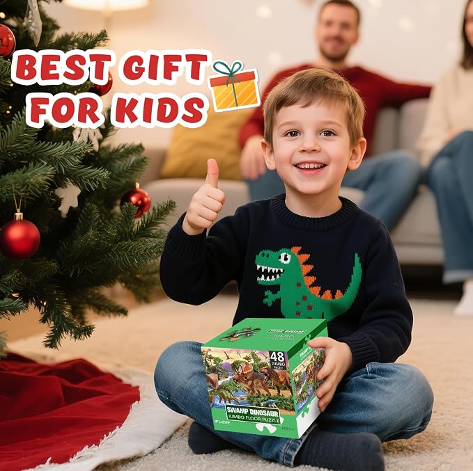 Jumbo Floor Puzzle for Kids,48 Piece Swamp Dinosaur Jigsaw Puzzle Ages 3-8 | Thick Cardboard Swamp Dinosaur Puzzle for Preschool Learning, Toddlers Ages 3-8, 35x24 in Completed,Gift for Boys and Girls