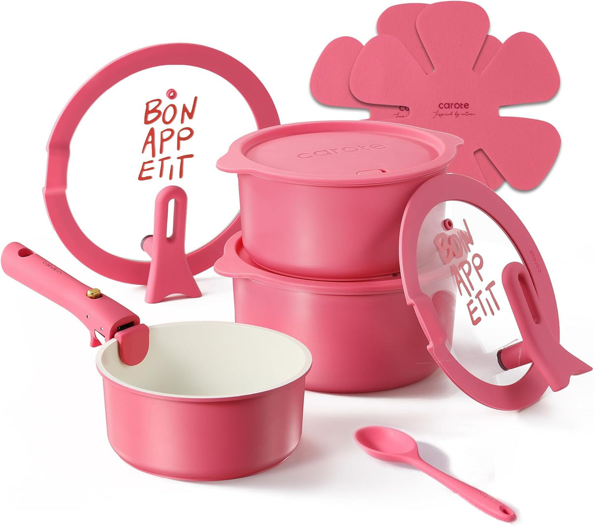 CAROTE Ceramic Pots and Pans Set Non Stick, Nonstick Kitchen Cookware Sets with Lid, Detachable Handle Sauté Pan Set, Non Toxic Frying Pan, Oven Safe, Induction Ready, Cream White