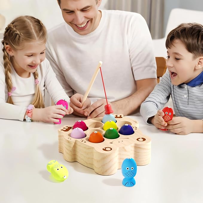 Wooden Magnetic Fishing Game for Toddlers 1-3, Frog Fishing Color Sorting Montessori Sensory Preschool Educational Learning Fine Motor Skills Toys for 3 4 5 Years Old Boys Girls