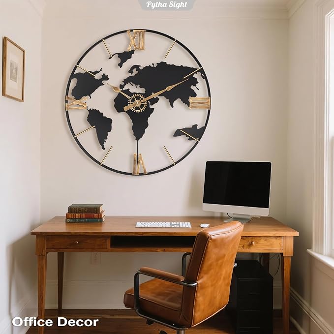 Pytha Sight 20 Inch Large Wall Clock, Modern Decorative Big World Map