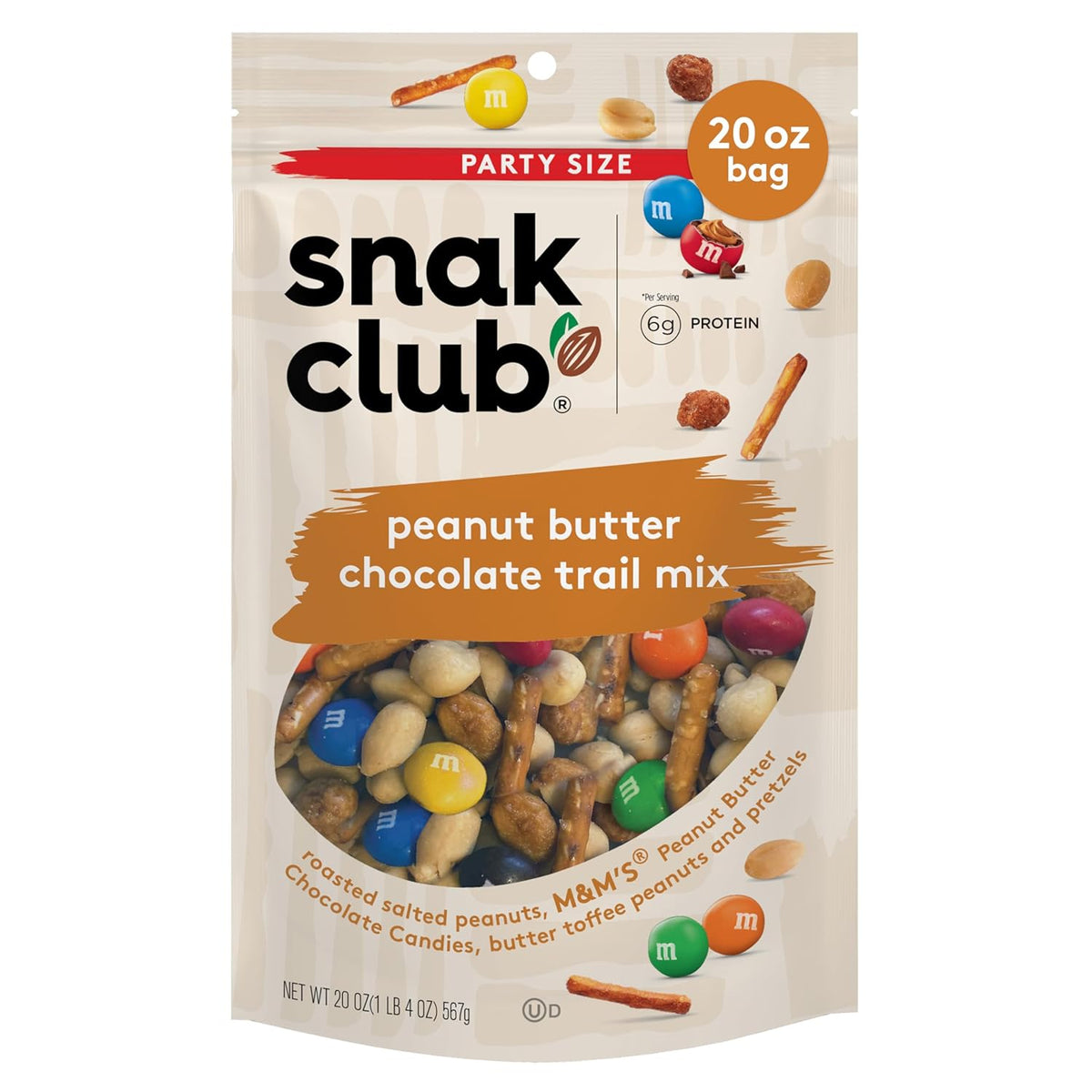 Snak Club Energizer Trail Mix with Roasted Salted Peanuts, Raisins, M&M’S Chocolate Candies, Roasted Almonds, Gluten-Free and Kosher Snack, 24 oz Resealable Bag