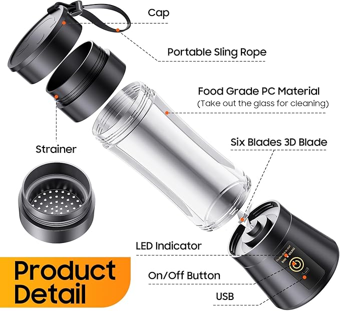 Cordless Personal Size Portable Blender - 12Oz Blender Smoothies and Shakes, BPA Free Traveling Juice Cup with Powerful Blending, Freshly Squeezed in Sports/Travel/Home