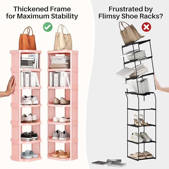 Kitstorack 5-Tier Vertical Plastic Shoe Rack, Freestanding Stackable Shoe Storage Organizer Cubes Shoe Shelf Tower or Small Closets and Tight Spaces, Pink