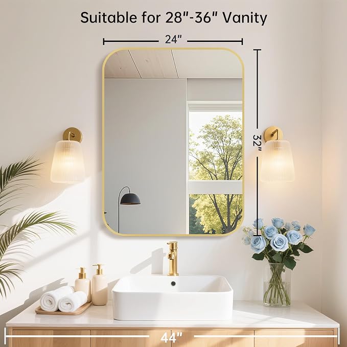 24x32 Inch Gold Bathroom Mirror, Brushed Gold Metal Framed Rectangular Mirror