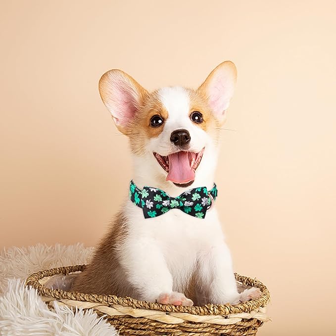 MR. CHUBBYFACE St.Patrick's Clover Dog Collar with Bowtie, White Green Clovers Shamrock Pet Collar with Metal Buckle, Soft Adjustable Puppy Collar for Small Medium Large Dogs
