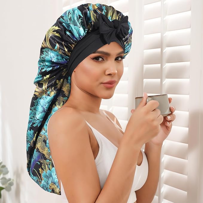 AWAYTR Long Satin Bonnet for Braids - Elastic Silk Hair Bonnets for Sleeping Night Cap Stretchy Tie Band for Women(Print)