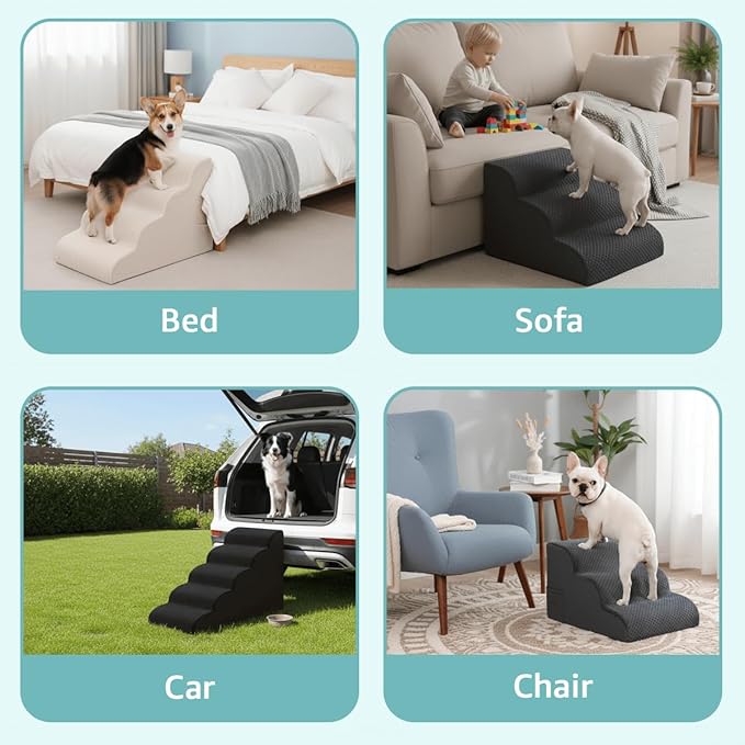 Dog Stairs for Small Dogs 15" H, 3-Step Dog Steps Ramp for Couch Sofa and Chair with Anti-Slip Washable Cover and Durable High Density Foam, Pet Stairs for Cats, Grey