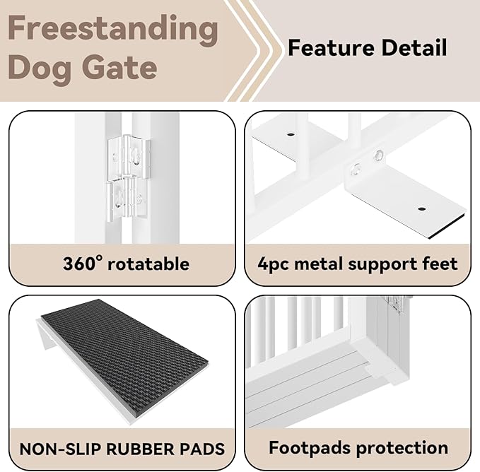 Full Metal Freestanding Gate with Door, 24'' Height Foldable Pet Dog Fence for Indoor & Outdoor, 2 Panels Extra Wide Free Standing Small Dog Gates for Doorways,House,Stairs,Porch,Deck,Yard