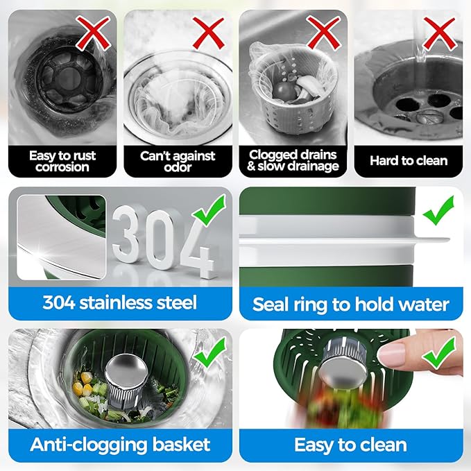 Upgraded 3in1 Kitchen Sink Drain Strainer & Sink Stopper, Stainless Steel Kitchen Drain Plug & Cover with Anti-Clogging Basket Strainer, Fit US Standard 3-1/2'' Sink Drain Hole, OliveGreen