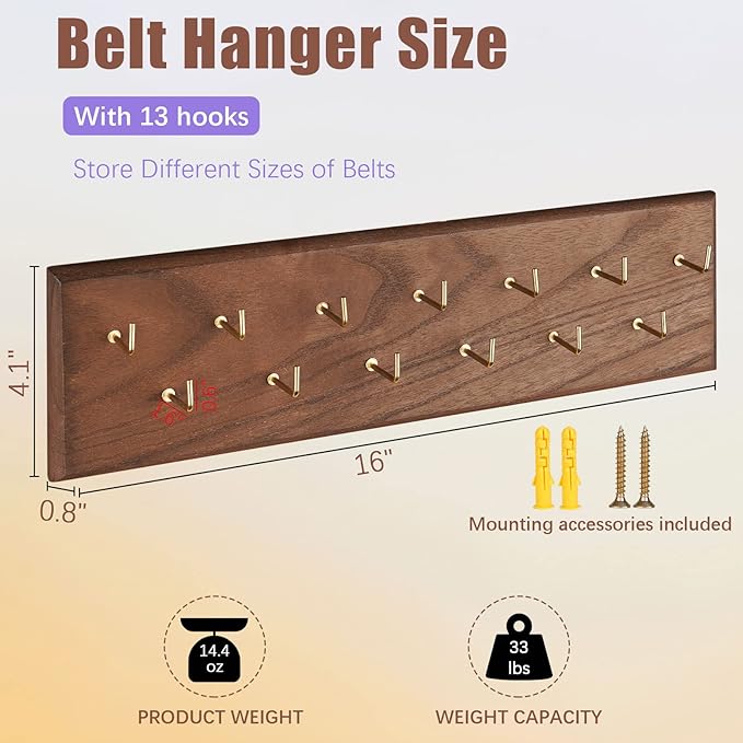 Belt Organizer - Wall Mounted Hanger for Closet, Holds Over 28 Belts - Wooden Rack with Tie and Scarf Storage (Brown)