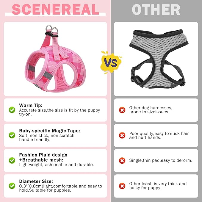 SCENEREAL Small Dog Harness and Leash Collar Set, Step in No Pull Soft Mesh Dog Harnesses for Small Medium Sized Dogs Puppy and Cats Outdoor Walking, No Chock Reflective Vest Harness, Pink Plaid S