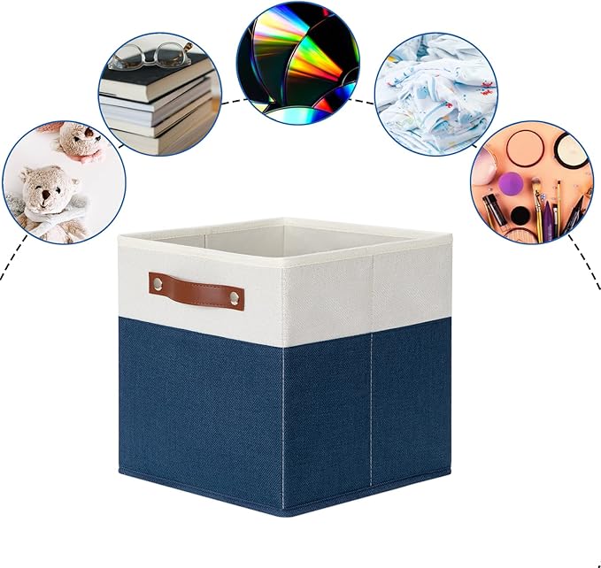DULLEMELO Fabric Bins for Cube 11x11, Gift Baskets Empty for Boy Girl Mother Father Christmas Festival,Fabric Storage Bins Cube Organizer Baskets With Leather Handles(White&Blue)