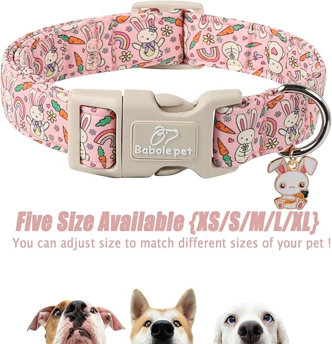 Easter Dog Collar for Large Dogs - Pink Girly Bunny Dog Collars, Cute Girl Dogs Easter Collar, Adjustable Female Spring Holiday Pet Collars with Quick Release Buckle L