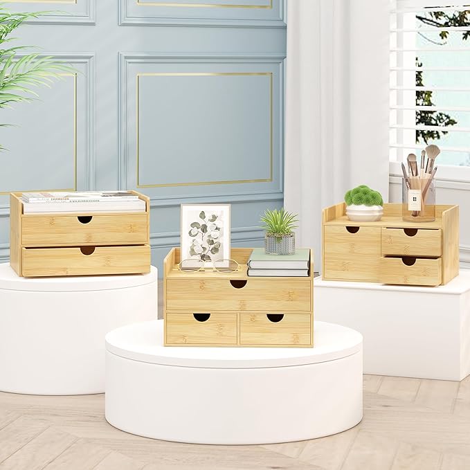 Wisuce Bamboo Desk Organizer - Mini Bamboo Desk Drawer Tabletop Cosmetic Storage Organization for Office or Home (Nature 3 Drawers)