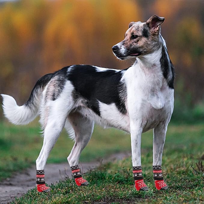 KOOLTAIL Dog Socks to Prevent Licking Paws for Hardwood Floors Anti Slip, Winter Warm Pet Boots&Paw Protector with Grippers, Double Sides Dog Shoes Booties for Small Medium Large Senior Dogs Red S