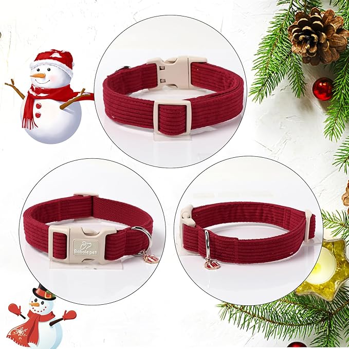 Cute Corduroy Dog Collar - Burgundy Adjustable Dog Collars for Medium Dogs 25-50lbs, Fade-Proof with Secure Snap & Little Charm, Christmas Birthday Gift, M