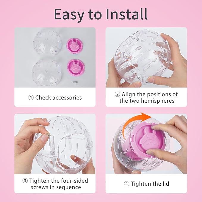 4.9" Hamster Wheel,Exercise Ball & Wheel - Silent Running Toy with Anti-Skid,Transparent Hamster Ball,Breathable Design & Rope for Easy Carry,for Little/Dwarf Mouse, Pink