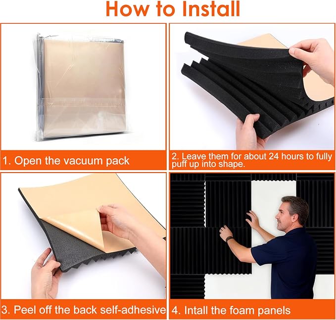 FONESO 52 Pack 1"×12"×12" Wedge Acoustic Foam Panels, High Density Soundproof