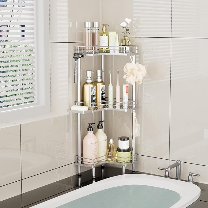 Consumest Corner Shower Caddy Standing - 3-Tier Stainless Steel Shower Organizer with Soap Holder and 4 Hooks, Large Capacity Corner Shelf Stand for Bathroom, Rest Room, Silver