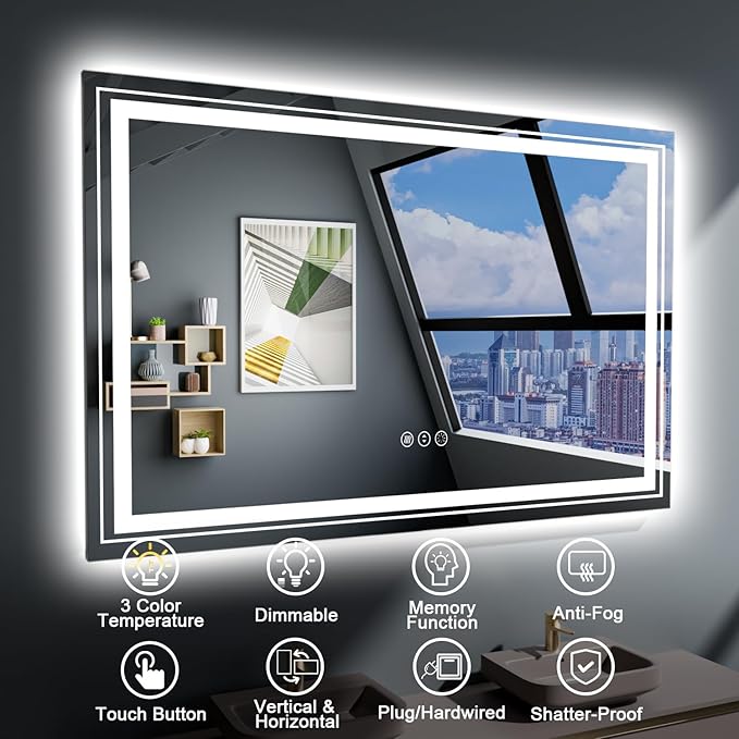 LED Bathroom Mirror, 60"X24" with Front and Backlit, Anti-Fog, Large Bathroom Vanity Mirror for Wall, Memory Function, Stepless Dimmable, Tempered Glass (Horizontal/Vertical)