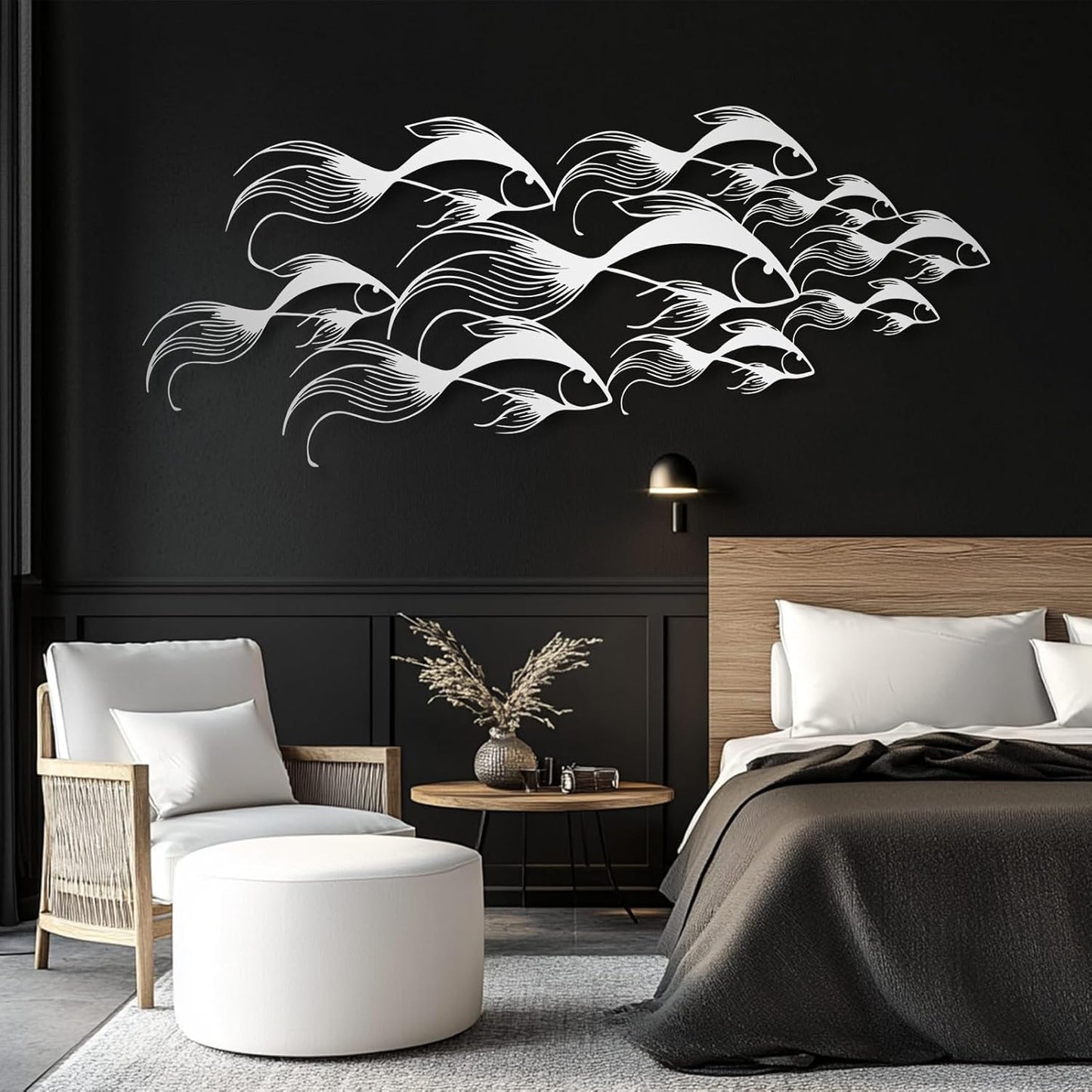 School of Fish Metal Wall Art, Metal Fish Wall Decor, Sea Life Wall Art, Large Nautical Wall Hanging, Modern Beach House Wall Decor, Ocean Themed Artwork for Bathroom (Gold, 24"x10" | 60x25cm)