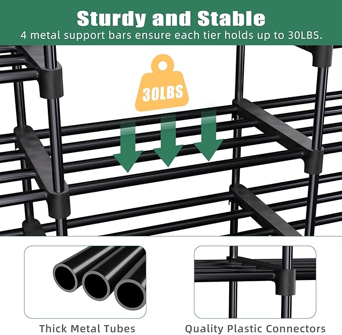 Simple Trending 8-Tier Shoe Rack Large Capacity 64 Pairs Tall Shoe Shelf, Sturdy Metal Shoe Organizer for Entryway, Closet, Bedroom, Black