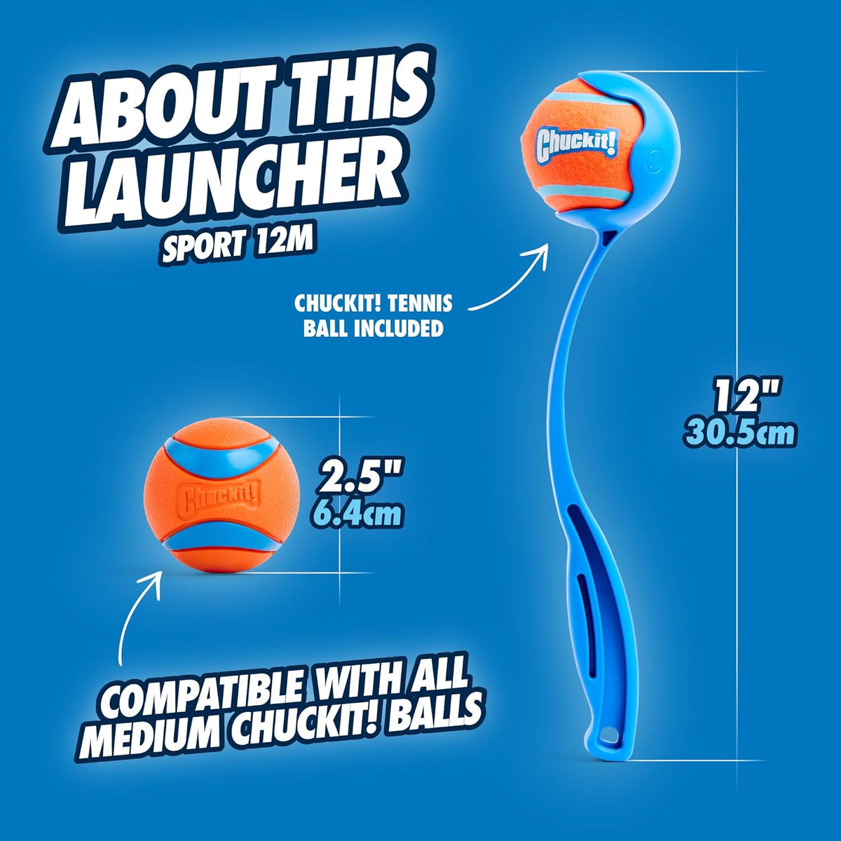 Chuckit! Dog Ball Launcher - Sport 12" with Medium (2.5"), Dog Fetch Ball Thrower, For Dogs 20-60 Pounds, Made in USA