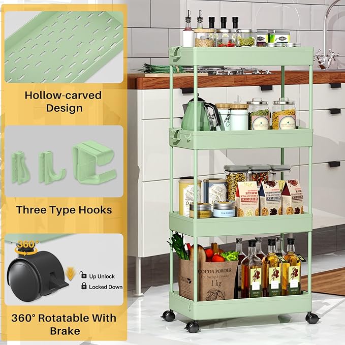 SPACEKEEPER Storage Cart 4-Tier, Bathroom Rolling Cart Utility Storage Organizer Shelf Mobile Shelving Unit for Kitchen Living Room Bathroom Laundry Room & Dressers, Green