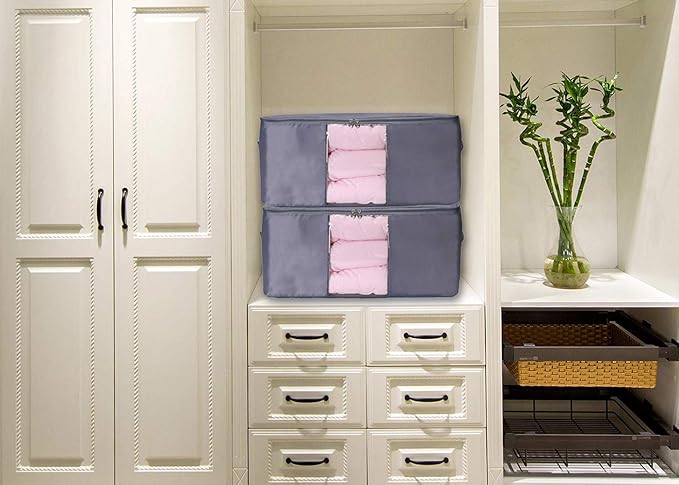 Comforter Storage Bags Containers,Pillow Beddings/Blanket Clothes Organizer Storage Containers With Zippers,Breathable and Moistureproof. (Grey 2pcs, L)