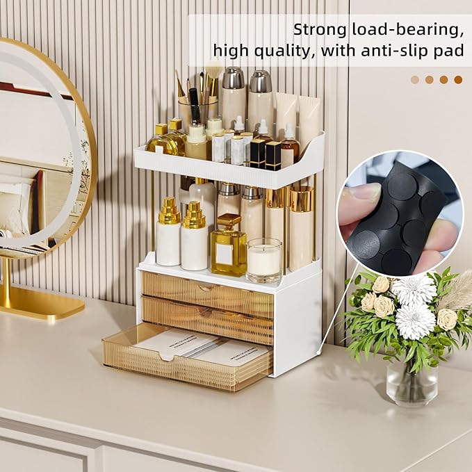 3 Large Drawers Makeup Organizer - 5 Tier Bathroom Counter Organizers and Storage, Versatile Perfume Vanity Organizer, Ideal for Cosmetic, Large Skincare, Face Mask, Office Supplies, Amber