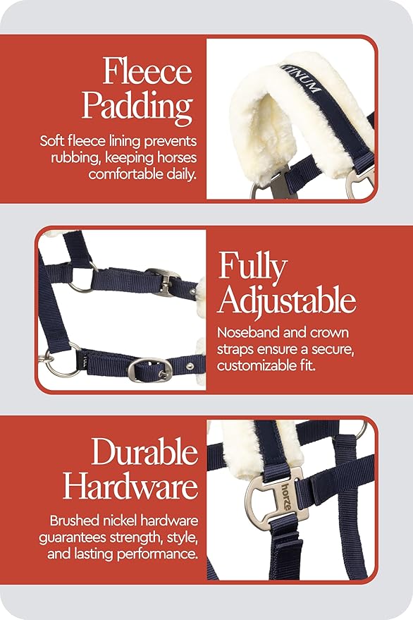 HORZE Howard Soft Fleece Padded Adjustable Polyester Horse Halter - Peacoat Dark Blue - Cob