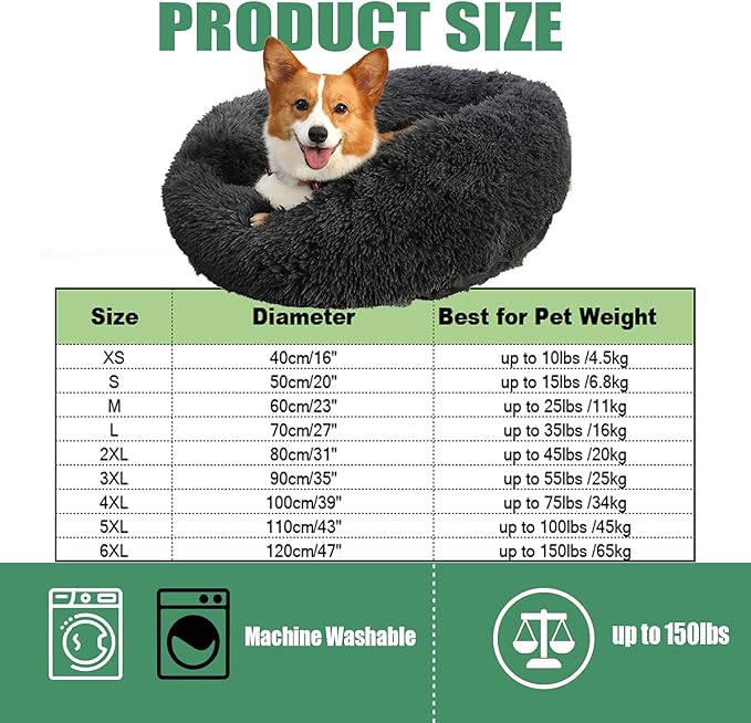 Calming Faux Fur Dog Beds Calming Donut Cuddler Dog Bed Washable Round Cat Bed Pillow Cuddler Fluffy Indoor Dog Calming Beds with Anti Slip Bottom Solid Color Dark Grey 43 Inch
