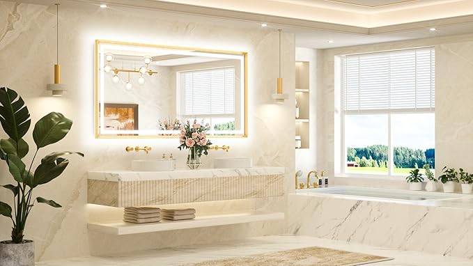 TETOTE 72 x 36 Large Bathroom Mirror Brushed Gold Metal Frame Frontlit & Backlit Vanity Mirror 3 Colors White/Warm/Natural Stepless Dimmable Anti-Fog Bathroom Mirrors for Vanity Wall-Mounted
