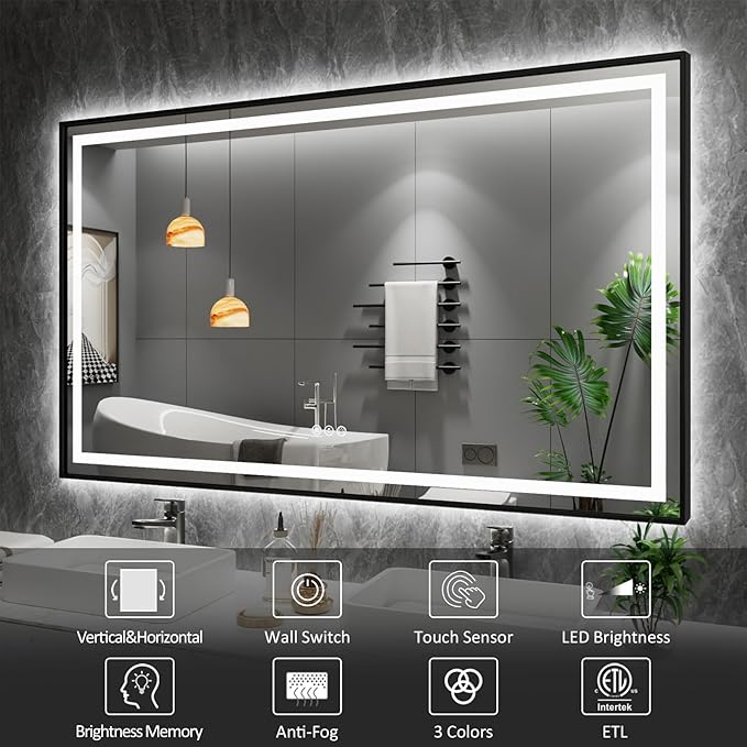 Amorho 32"x 32" LED Bathroom Mirror with Black Frame, Front Light and Backlit, Stepless Dimmable, Anti-Fog, Shatter-Proof, Memory, 3 Colors, Double LED Vanity Mirror
