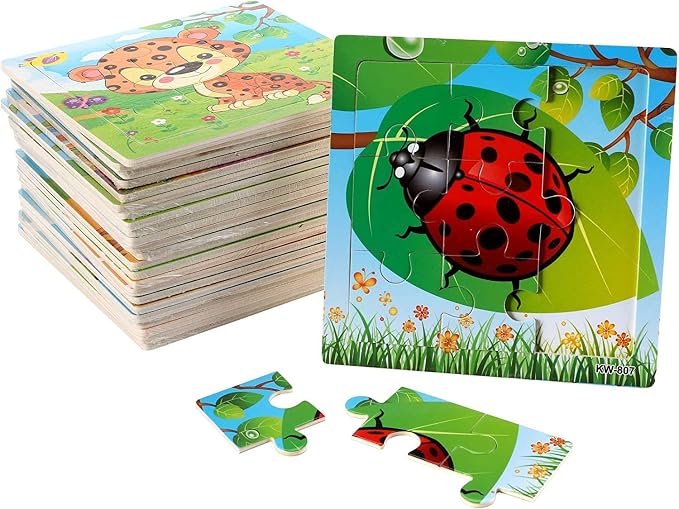 Yopay 24 Pack Wooden Puzzles for Kids,Mini Jigsaw Animal Puzzles Set for Kids Boys Girls, Early Preschool Educational Toys, 20 Animal Patterns + 4 Transportations