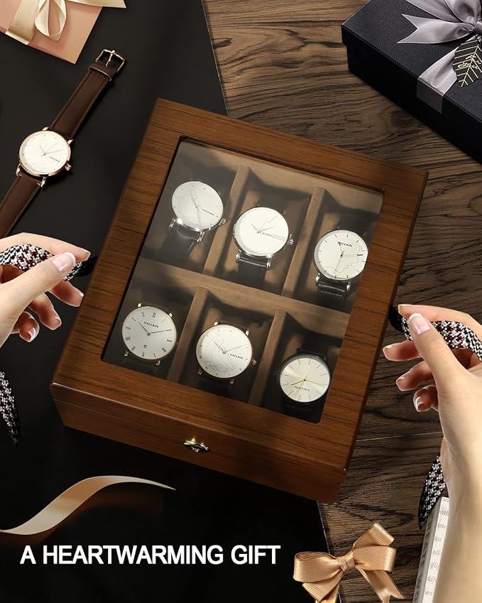 Uten Watch Box with 6 Slots, Watch Case Organizer with Golden Lock and Key, Wooden Watch Display Storage Box with Removable Watch Cushions, Velvet Lining, Metal Clasp