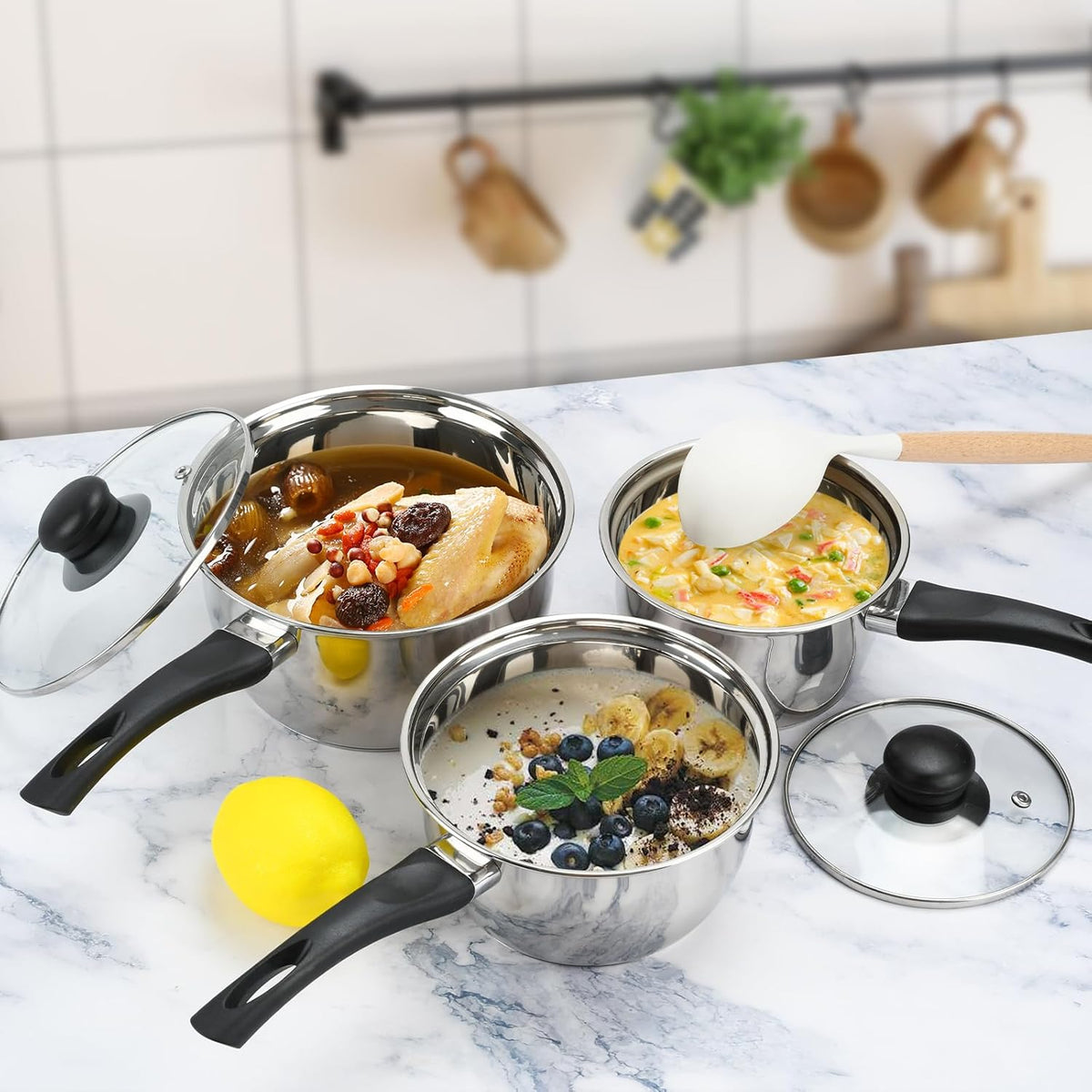 Stainless Steel Pot Set with Lid 6pcs,Sauce Pans 1QT & 2QT & 3QT Set,Triply Bottom Stainless Steel Pot Set