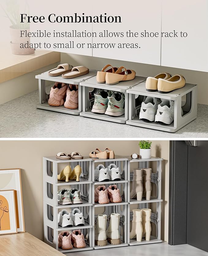HAIXIN 10 Tier Narrow Shoe Rack, Shoe Rack for Closet, Small Shoe Rack Organizer for Front Door Entrance, Compact Stackable Shoe Storage Shelves Space Saving - Grey