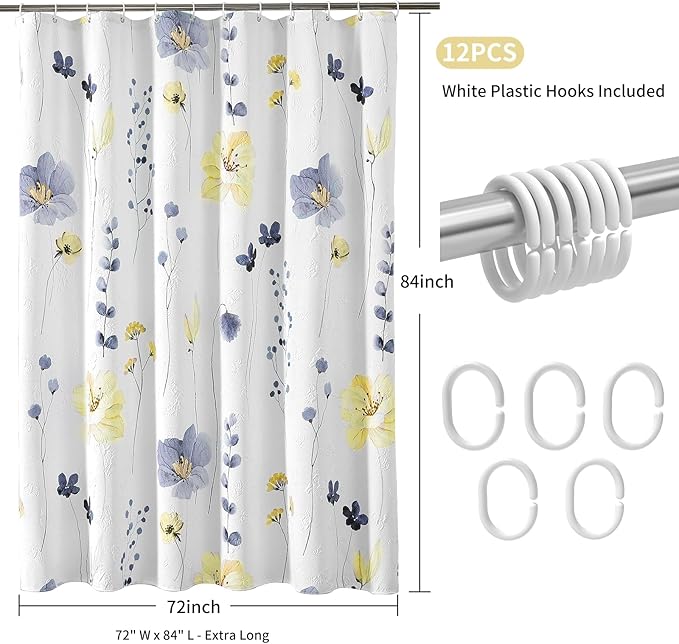 QiyI Extra Long Shower Curtain 72 x 84, Modern Watercolor Floral Shower Curtain, 3D Embossed Blue Yellow Flower Cloth Bathroom Curtain, Waterproof Fabric Farmhouse Bath Curtain Set with Hooks
