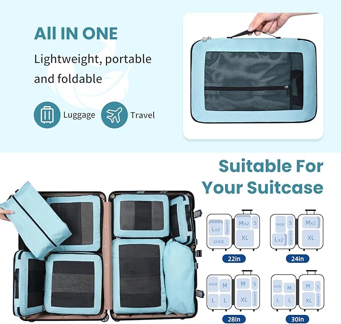 8 Set/6 Set/4 Set Compression Packing Cubes for Travel, Lightweight Vacation Travel Essentials, Travel Accessories for Suitcase Organizer Bags Set, Durable Luggage Organizer
