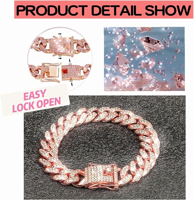 Dog Collar Cuban Link Rose Glod Crystal Dog Necklace Metal Chain Collar with Design Secure Buckle Pet Collar Jewelry Accessories for Small Medium Large Dogs Cats(Rose Glod 12inch)