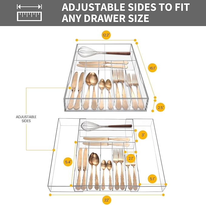 Clear Acrylic Drawer Organizer for Kitchen Utensils and Flatware, Adjustable Silverware Tray with 9 Compartments for Drawers, Office, and Bathroom Storage