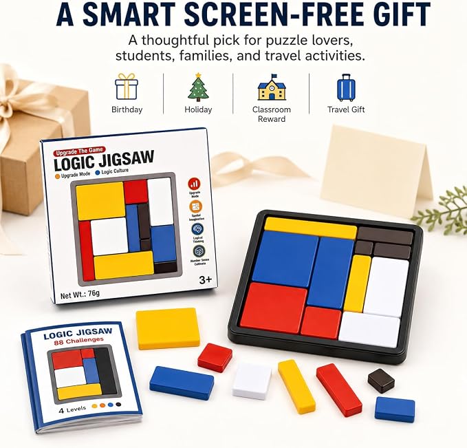 3 Pack Logic Puzzle Brain Teaser Game for Kids and Adults, 3 Complete Sets with 88 Challenges Each, 4 Difficulty Levels, Portable Travel Puzzle Set, Screen-Free Learning Brain Game by Sooshoom