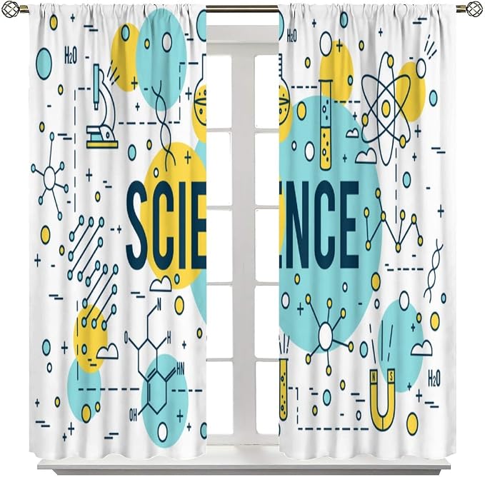 Science Window Curtains, Chemistry Chemical Science Pharmacy Research Room Darkening Door Window Rod Pocket Curtain for Girls Boys Kids Bedroom Study Room Classroom Set 2 Panels,84x84 Inches