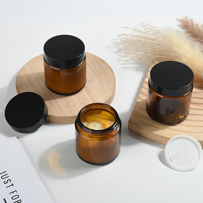 4 oz Reusable Amber Glass Container Jars 24 Pack with Wide-mouth Leak Proof Cap and Inner Pull-On Lid for Travel Storage Makeup, Face Creams, Body Lotions, DIY Crafts or Others