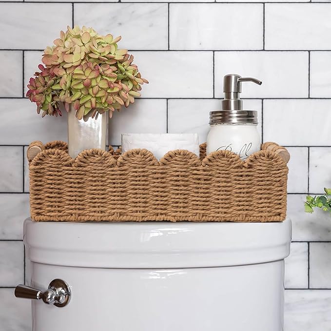 CubesLand Paper Rope Scalloped Edge Toilet Paper Storage Basket, Small Living Room, Bedroom Decor Baskets for Over Toilet Storage Shelf, End Table, Shelves and More, with 2 Wooden Handle, Neutral