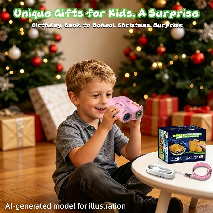 2.0" Pocket Kids Microscope, 2 in 1 1000X Handheld Digital Microscope & 10X Telescope for Kids - Science Kits STEM Toys - Gifts for Girls Boys Ages 3 4 5 6 7 8 9 10 11 12(Pink)