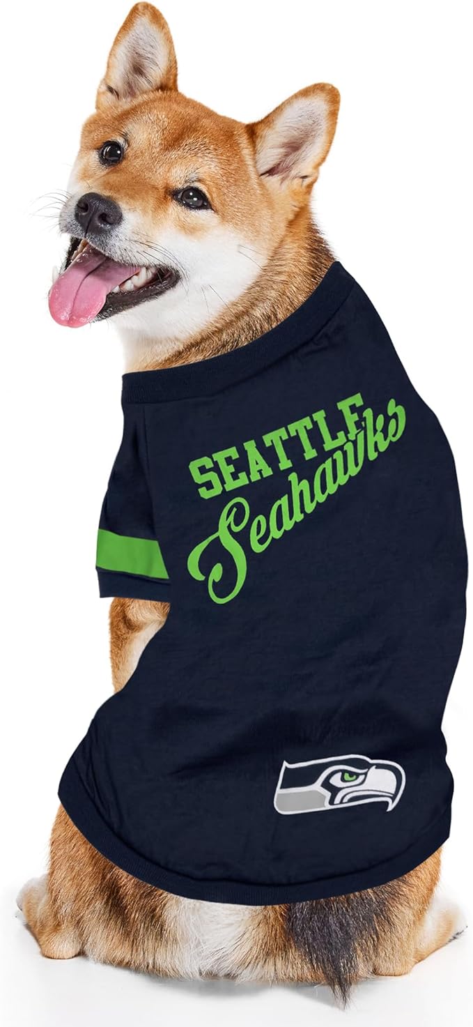 Pets First NFL Seattle Seahawks T-Shirt for Dogs & Cats, Small. Football Dog Shirt for NFL Team. New & Updated Fashionable Stripe Design, Durable & Cute Sports PET TEE Outfit (SEA-4146-SM)